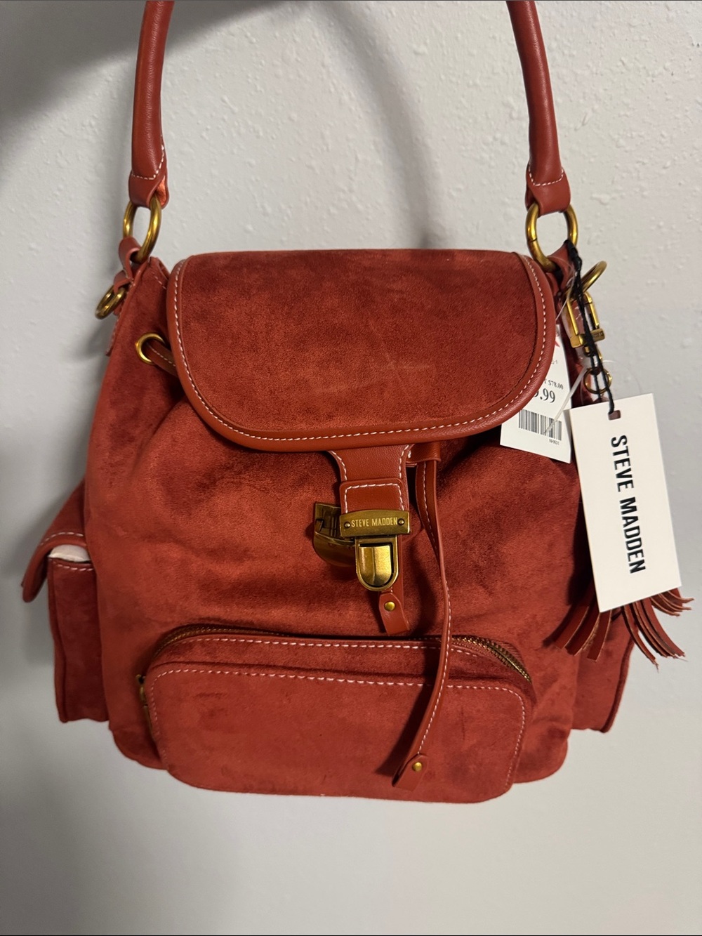 Steve Madden Rust Suede Backpack with Gold Hardware